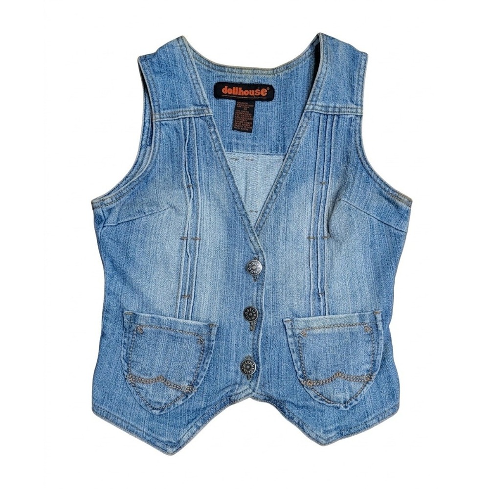 Vintage Dollhouse Denim Vest with Rhinestone Skull Design, Cotton Blend, Size M
